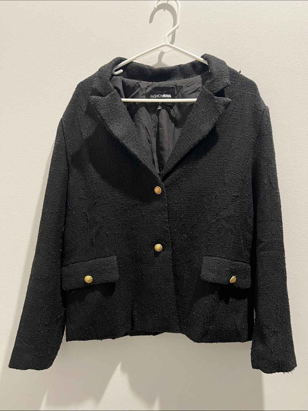 Fashion Nova Black Tweed Blazer with Gold Buttons